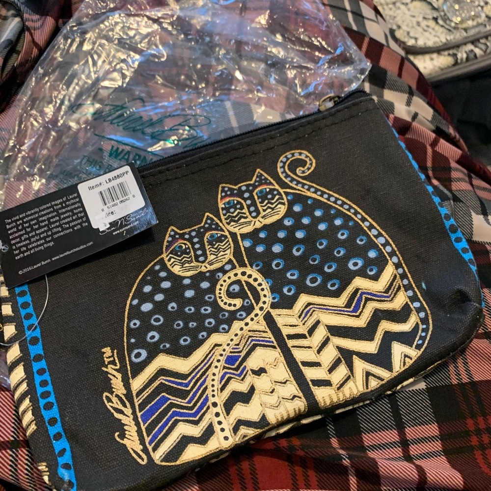 Laurel Burch Black Canvas Pouch with Blue and Gold Cat Accents